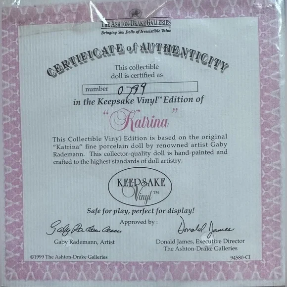 Ashton Drake Galleries "Katrina" Doll with Stand, Paper & Cert. of Authenticity